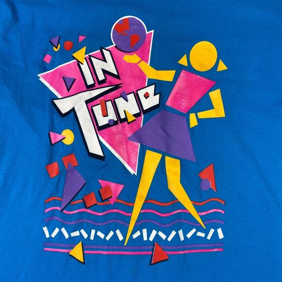 Vintage Hanes XL 90s "In Tune" Graphic TShirt Single Stitch Blue Retro Style - Picture 1 of 16